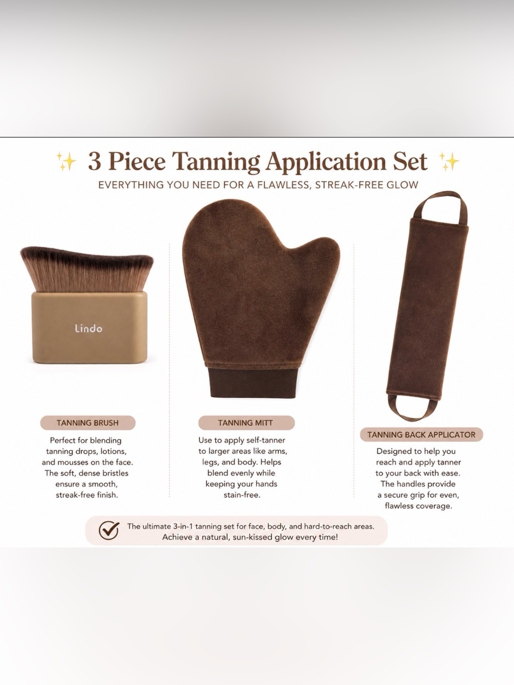 Lindo 3 Piece Tanning Application Set | New Without Box